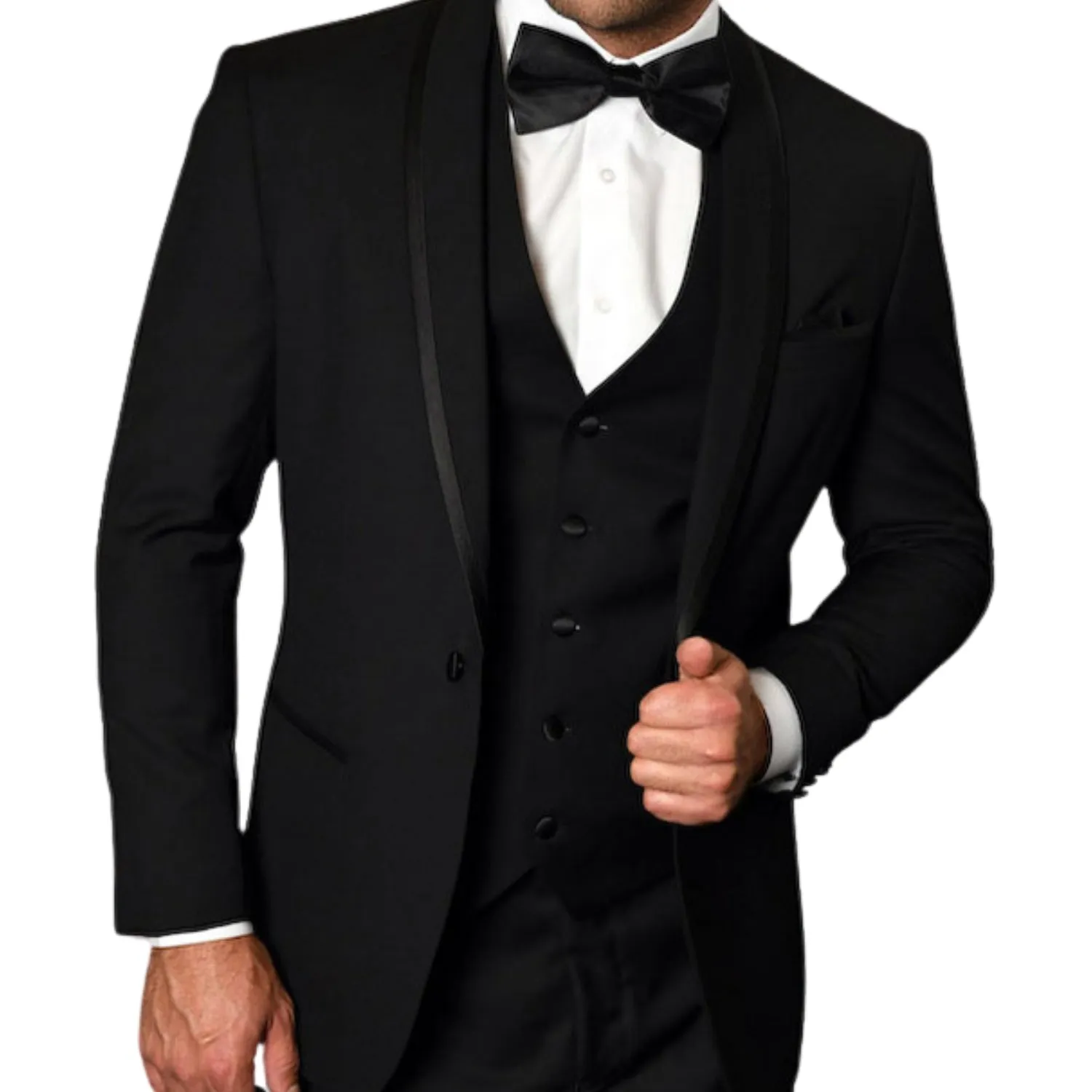 Eliot Collection: 3PC Black Tuxedo with Flat Front Pants and Matching Bow Tie