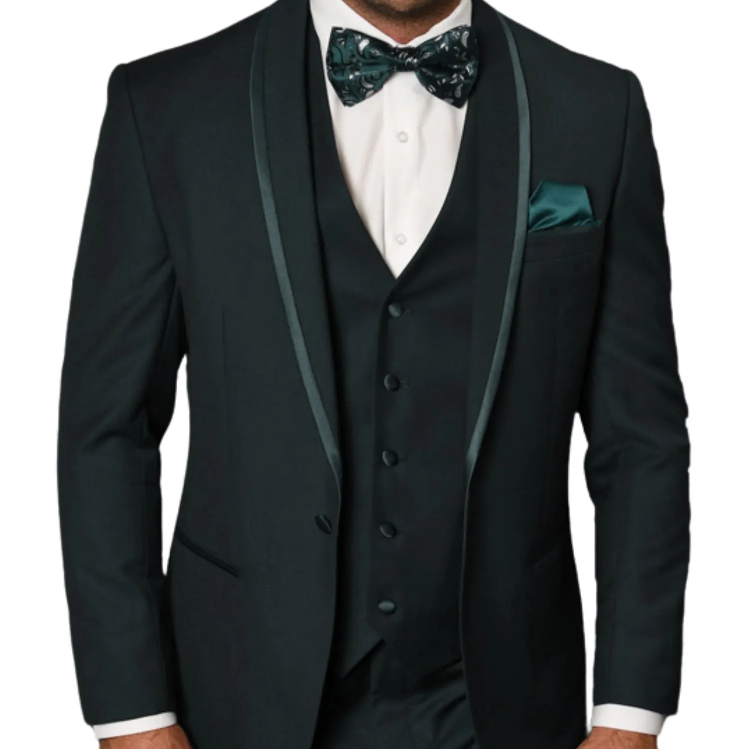 Eliot Collection: 3PC Hunter Tuxedo with Flat Front Pants and Matching Bow Tie