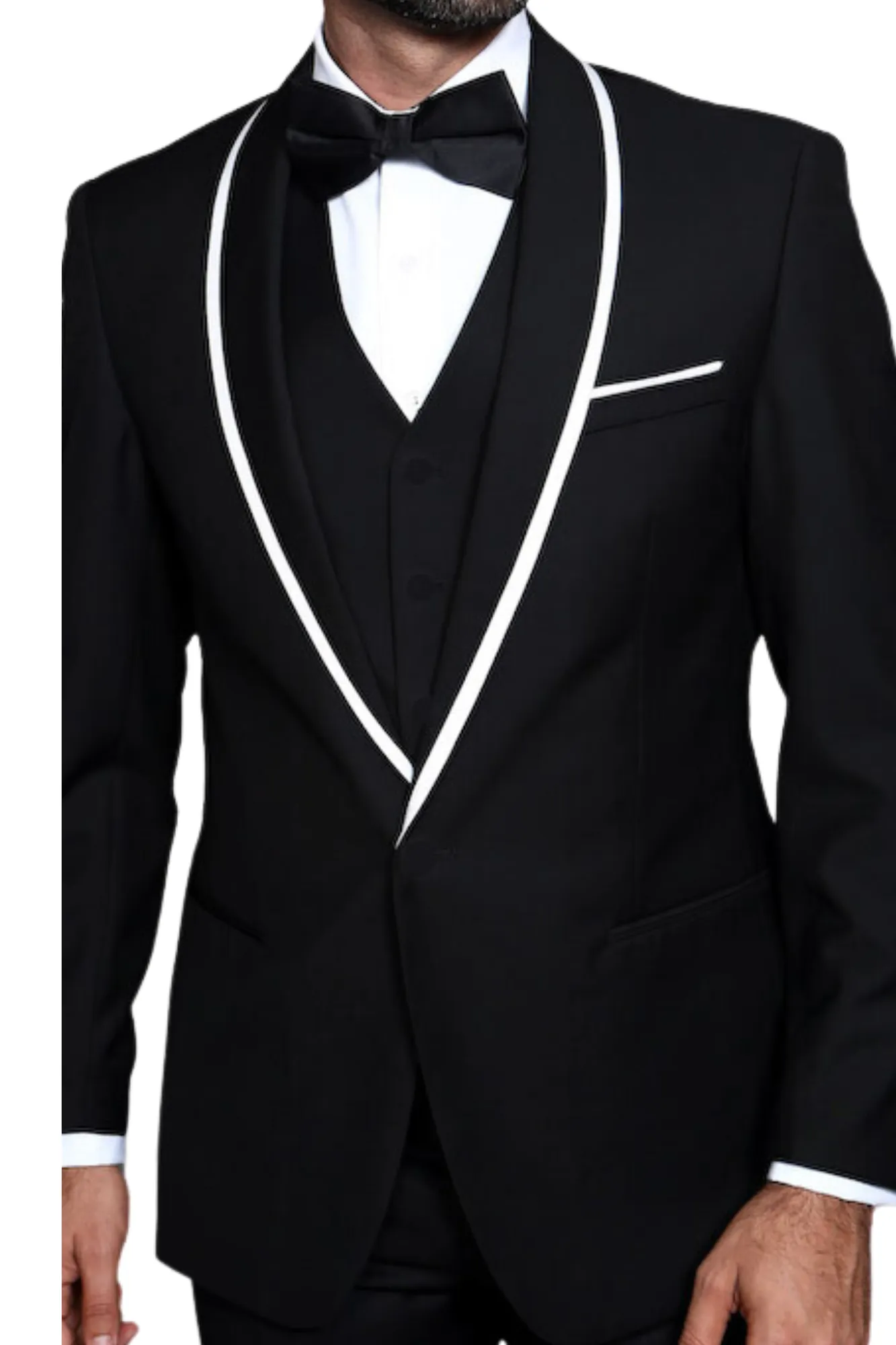 Empire Elegance Collection: Black 3PC Flat Front Pants with Bow Tie 100% Wool Tailored Fit