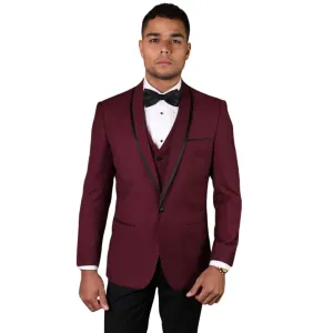 Empire Elegance Collection: Burgundy 3PC Flat Front Pants with Bow Tie 100% Wool Tailored Fit