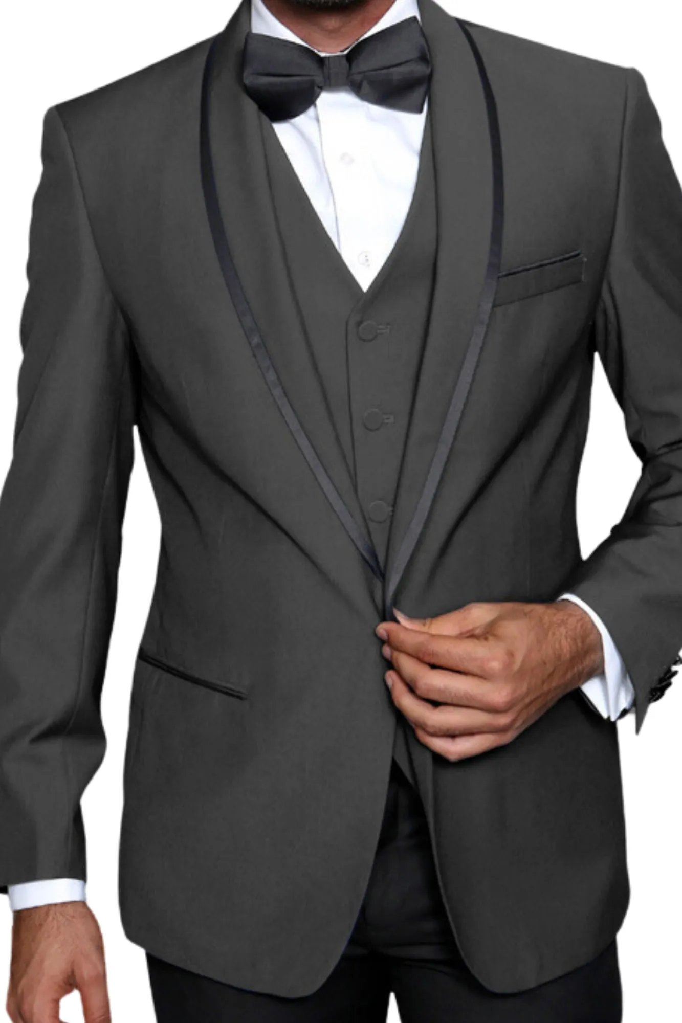 Empire Elegance Collection: Charcoal 3PC Flat Front Pants with Bow Tie 100% Wool Tailored Fit