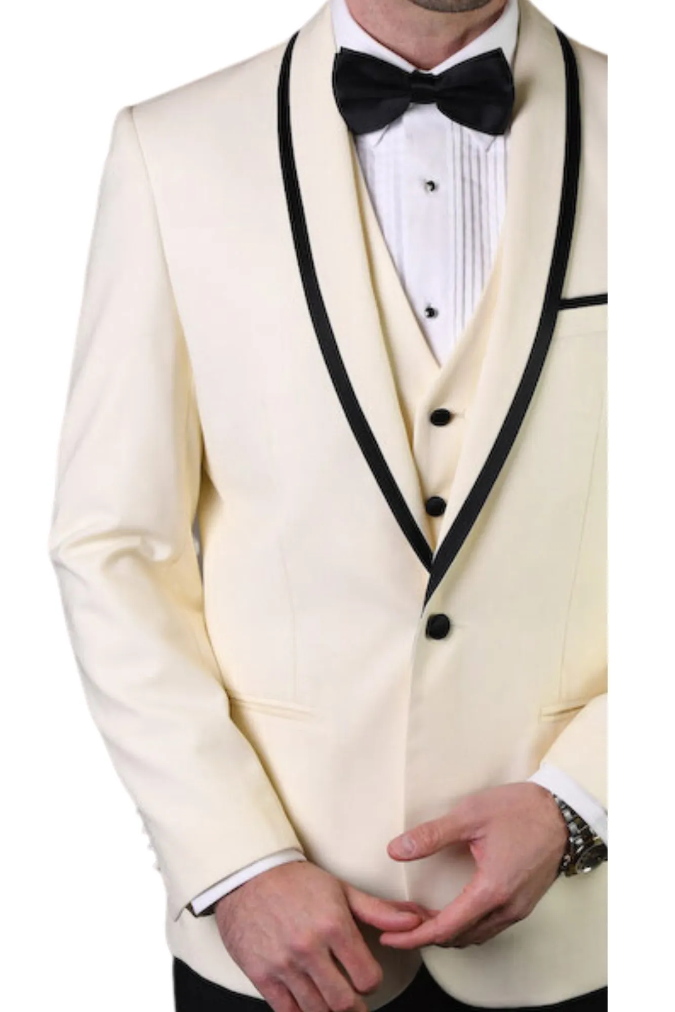 Empire Elegance Collection: Off-White 3PC Flat Front Pants with Bow Tie 100% Wool Tailored Fit