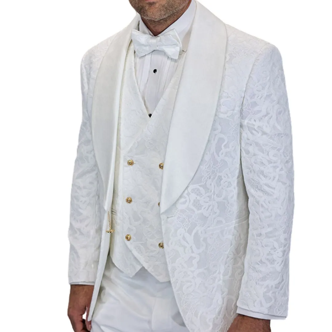 Empyrean Collection: Statement 3-Piece Ivory Velvet Tuxedo with Gold Accents