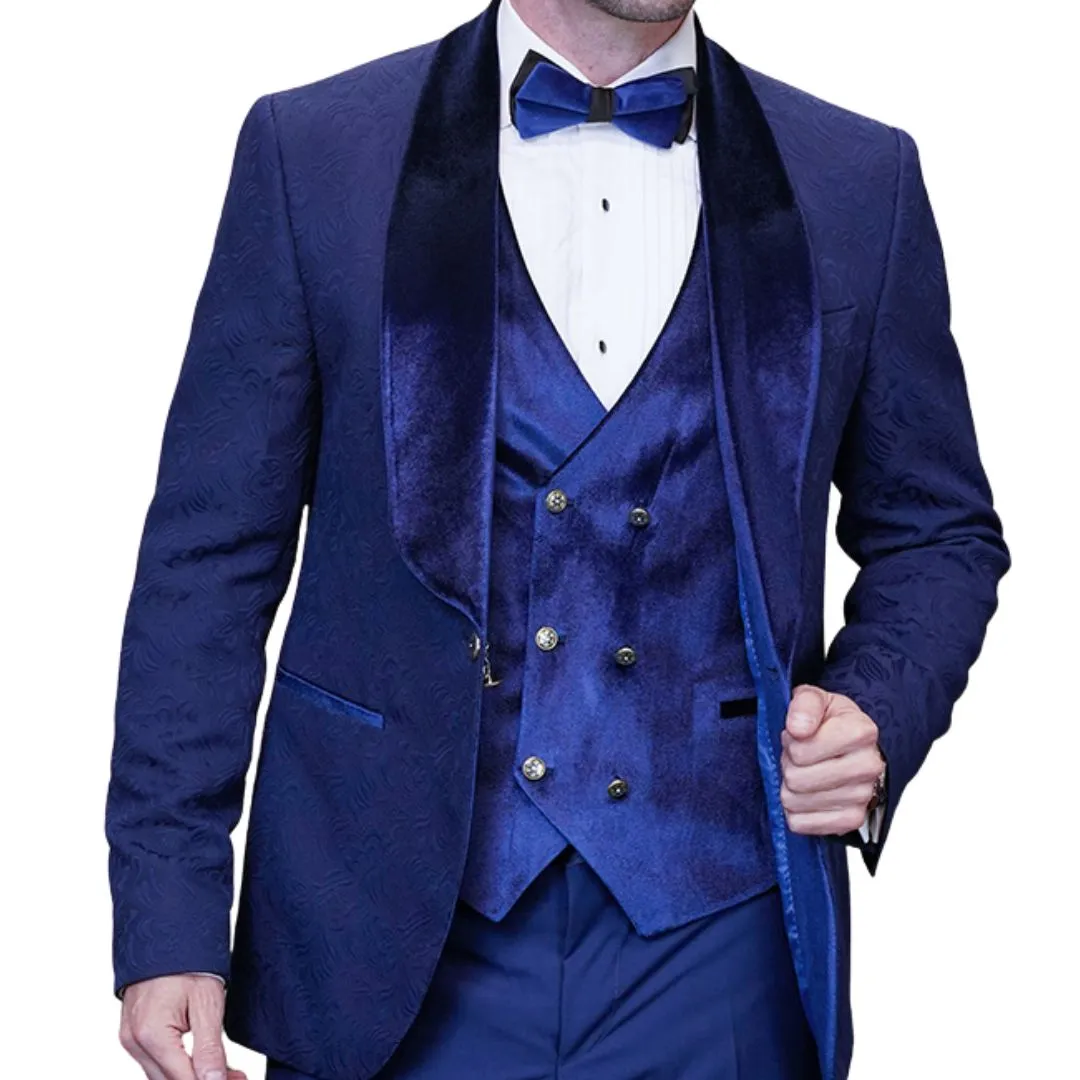 Empyrean Collection: Statement 3-Piece Sapphire Velvet Tuxedo with Gold Accents