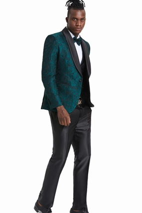 Exquisite Collection: Men's Paisley Shawl Collar 3-Pc Suit In Hunter/black- Slim Fit