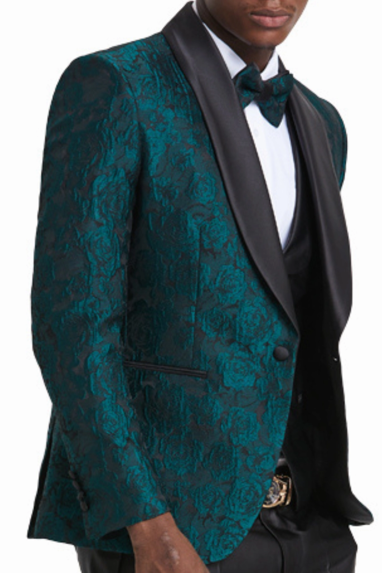 Exquisite Collection: Men's Paisley Shawl Collar 3-Pc Suit In Hunter/black- Slim Fit