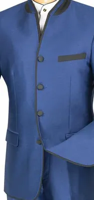 FabricFantasy Collection: Blue 2 Piece Banded Collar Sharkskin Single Breasted Slim Fit Suit