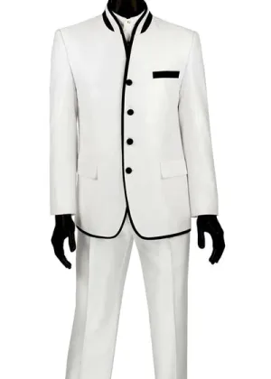 FabricFantasy Collection: White 2 Piece Banded Collar Sharkskin Single Breasted Slim Fit Suit