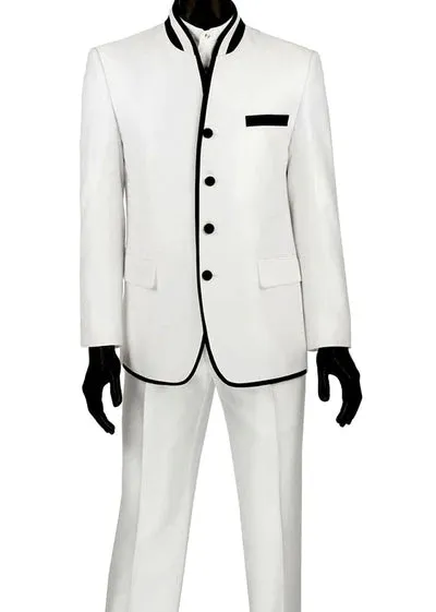 FabricFantasy Collection: White 2 Piece Banded Collar Sharkskin Single Breasted Slim Fit Suit