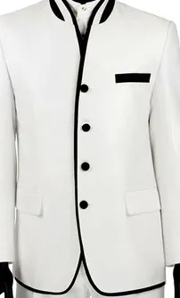 FabricFantasy Collection: White 2 Piece Banded Collar Sharkskin Single Breasted Slim Fit Suit