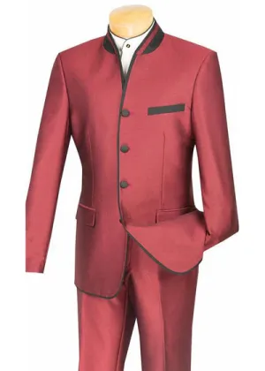 FabricFantasy Collection: Wine 2 Piece Banded Collar Sharkskin Single Breasted Slim Fit Suit