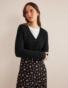 Fluffy Cropped V-Neck Cardigan-Black