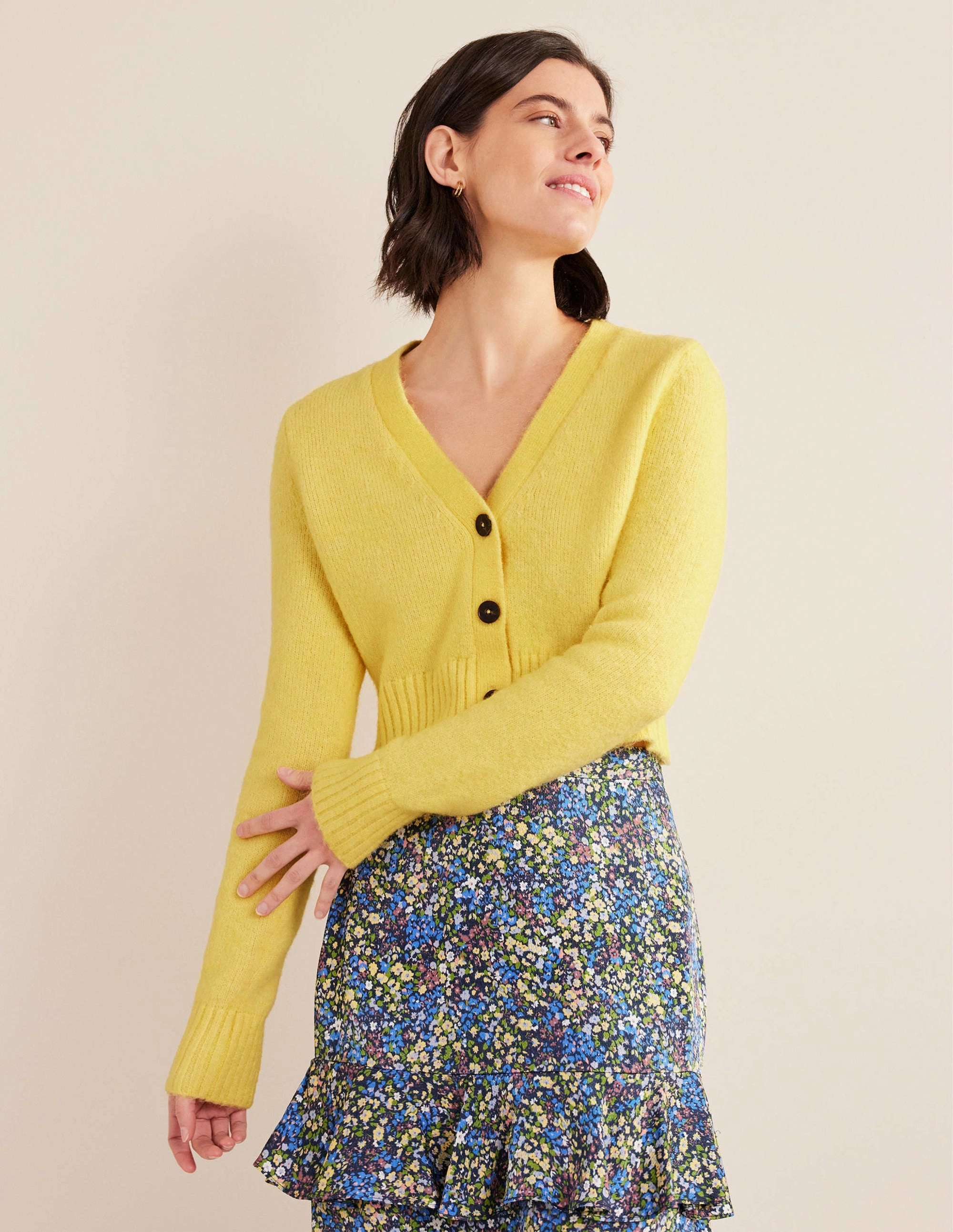 Fluffy Cropped V-Neck Cardigan-Bumble Bee