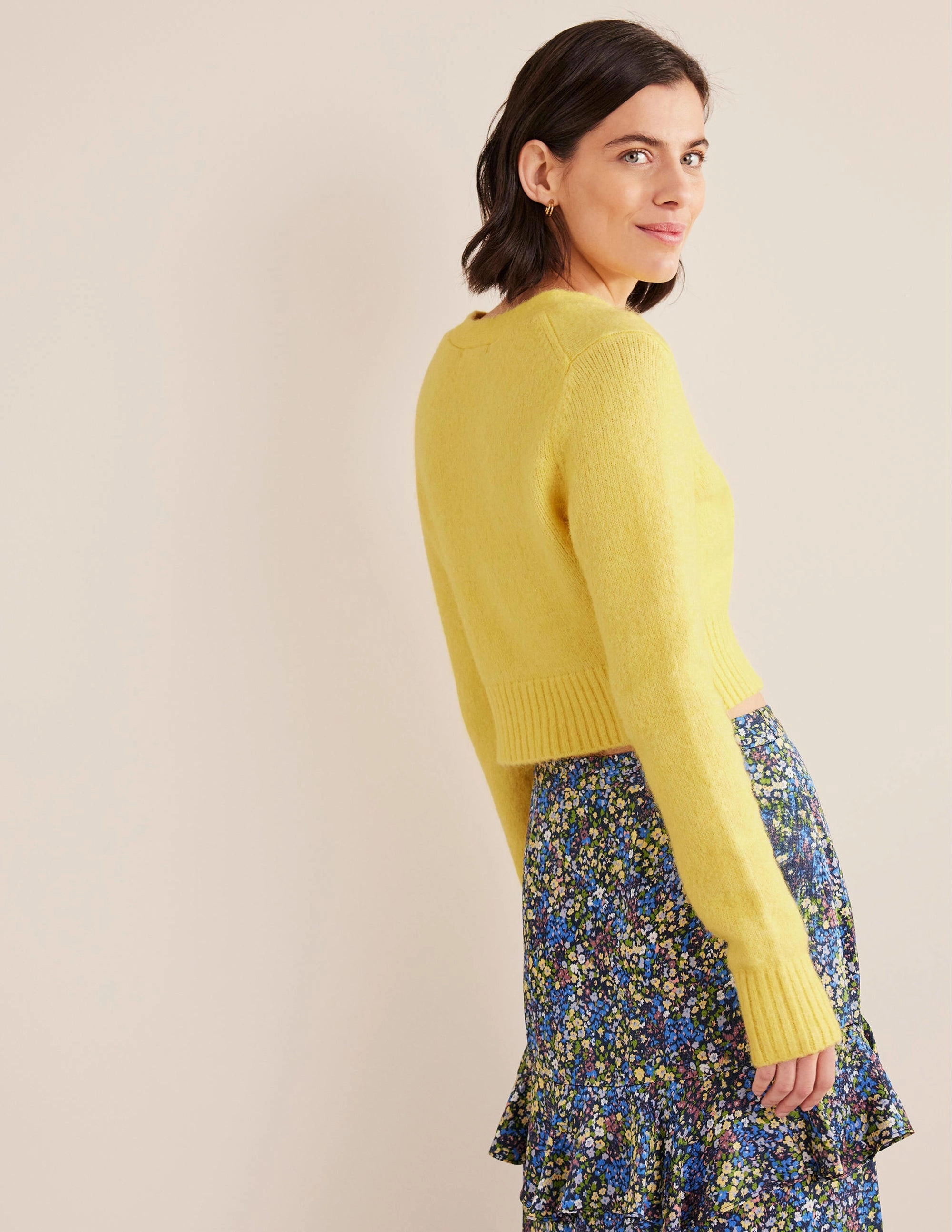 Fluffy Cropped V-Neck Cardigan-Bumble Bee