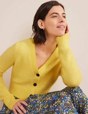 Fluffy Cropped V-Neck Cardigan-Bumble Bee