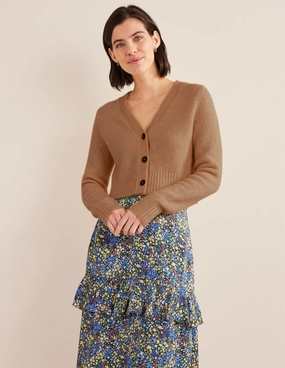 Fluffy Cropped V-Neck Cardigan-Camel Melange