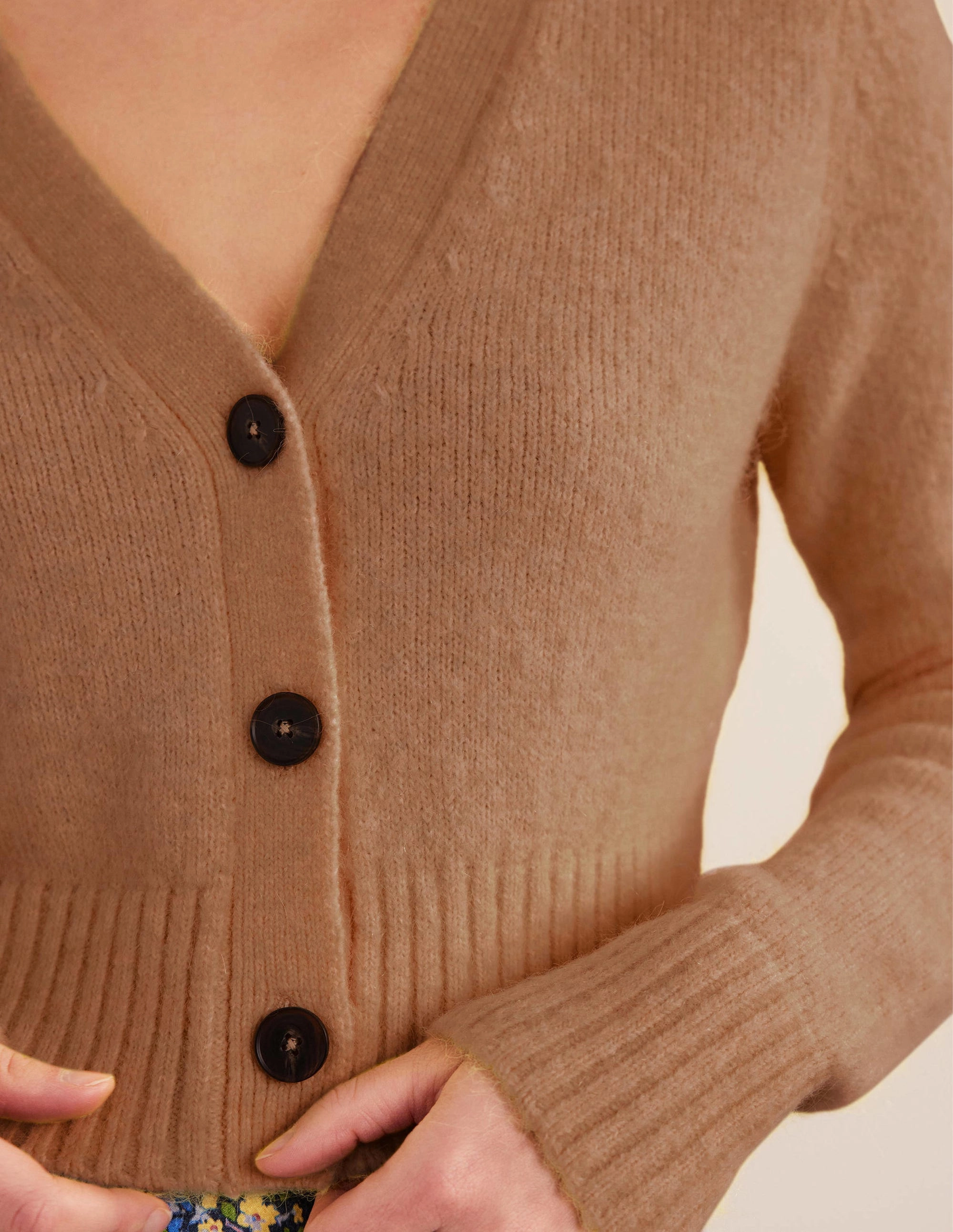 Fluffy Cropped V-Neck Cardigan-Camel Melange