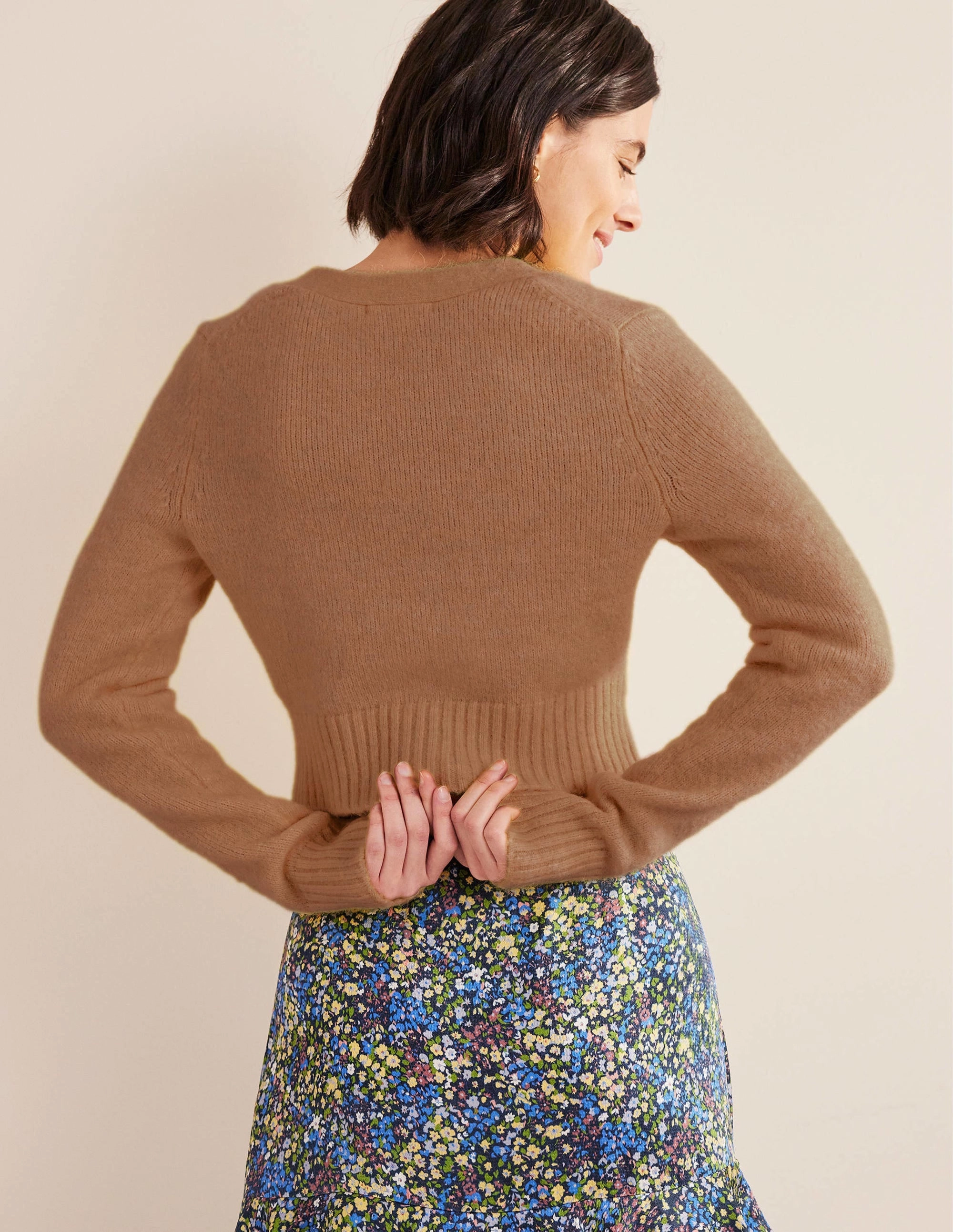 Fluffy Cropped V-Neck Cardigan-Camel Melange