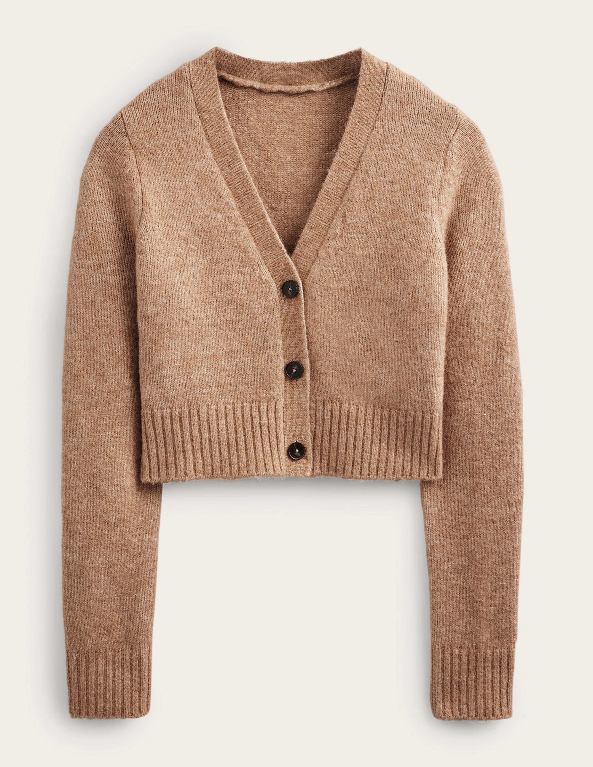 Fluffy Cropped V-Neck Cardigan-Camel Melange