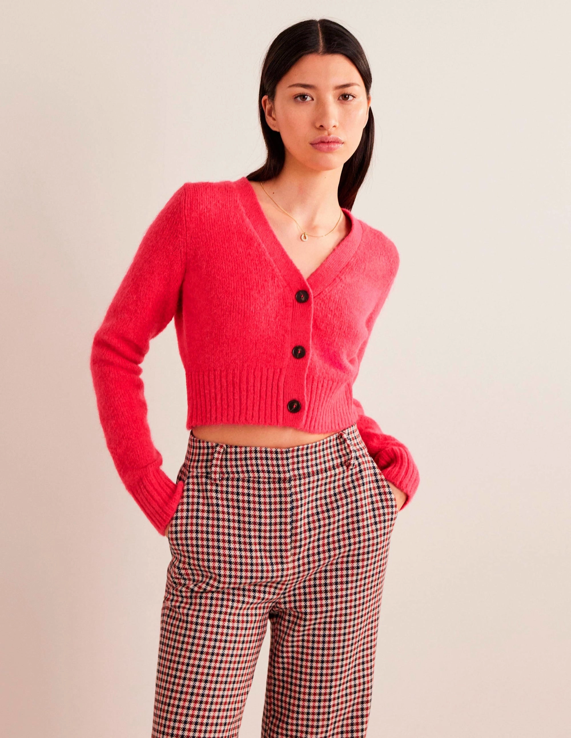 Fluffy Cropped V-Neck Cardigan-Virtual Pink