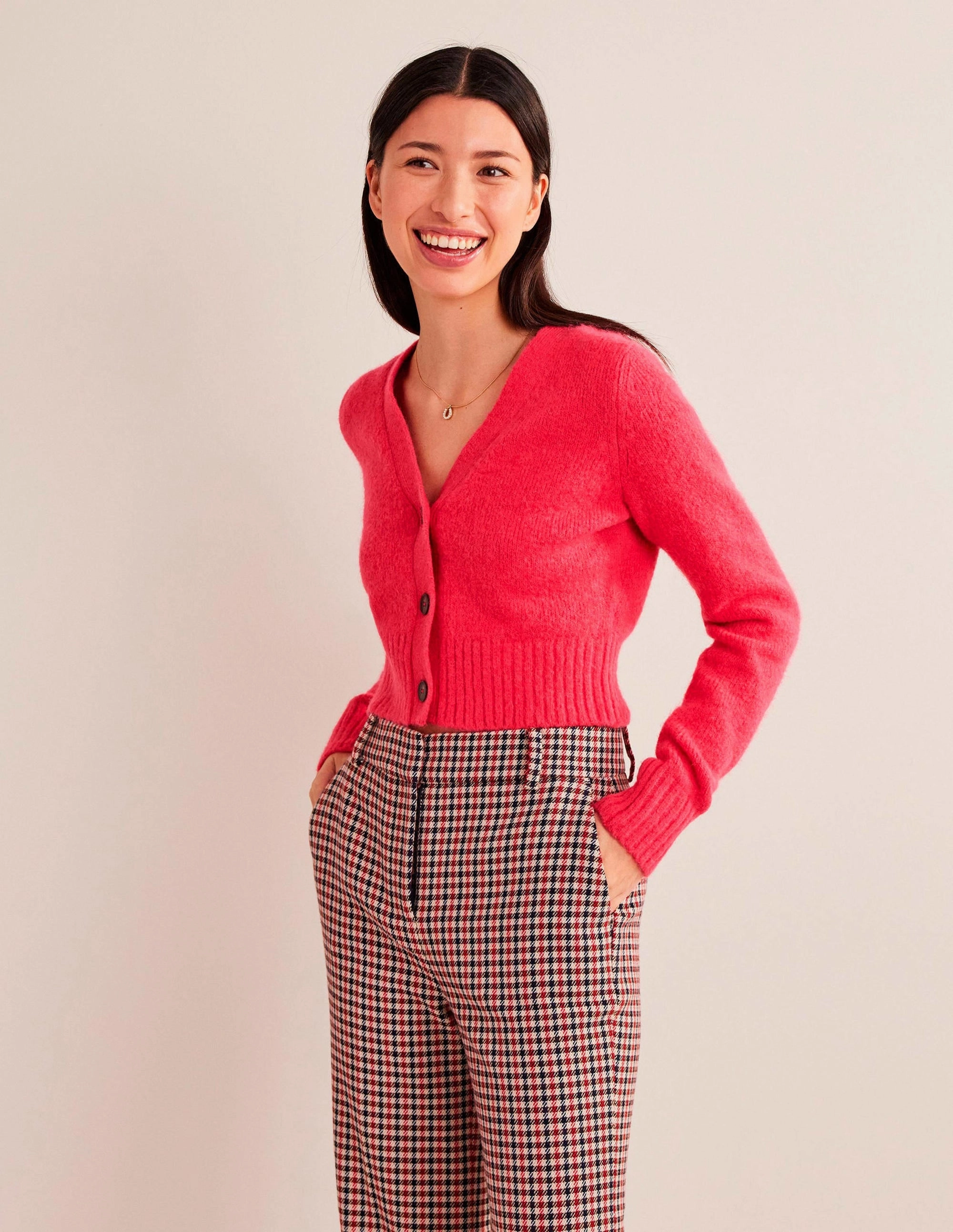 Fluffy Cropped V-Neck Cardigan-Virtual Pink