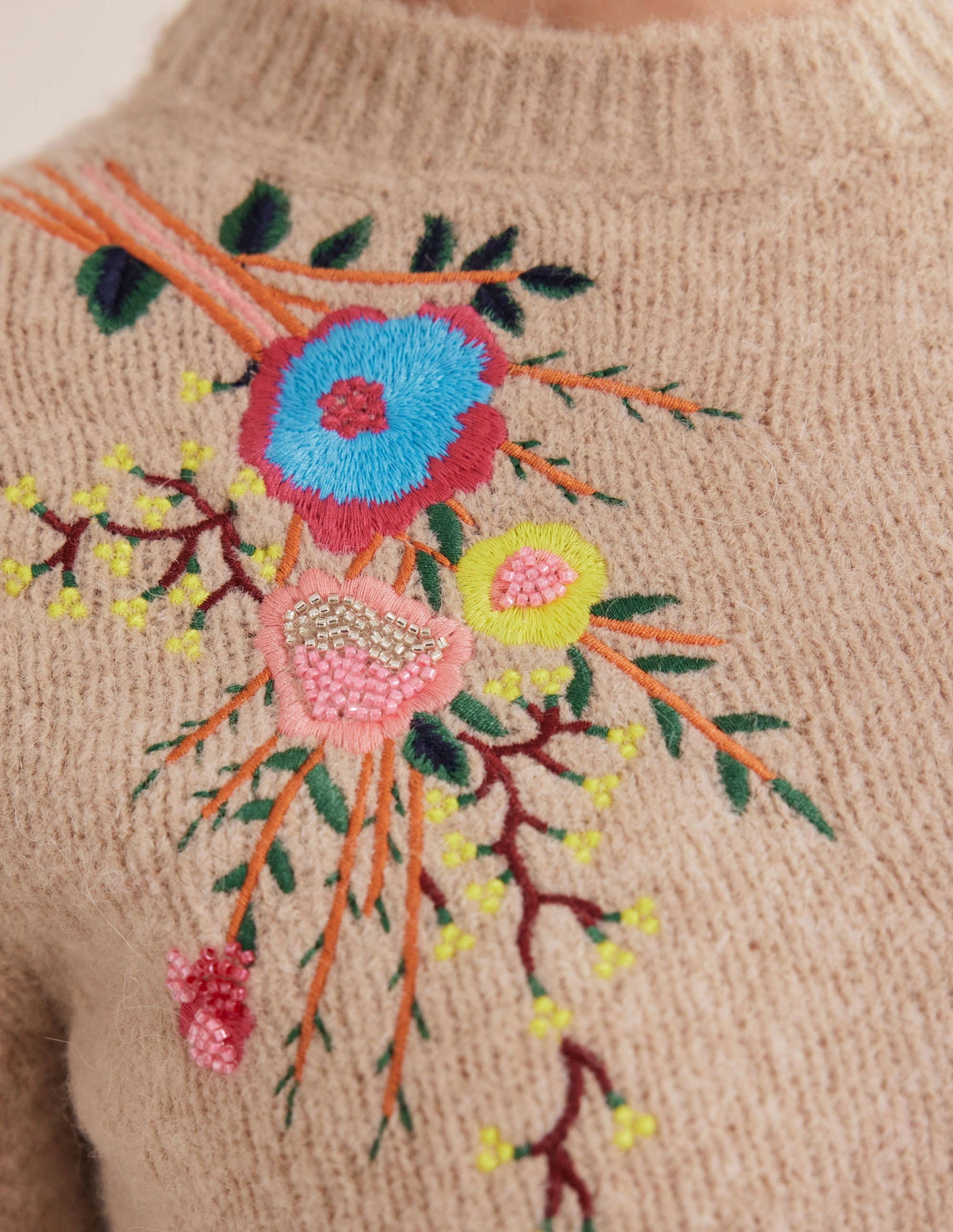 Fluffy Floral Detail Sweater-Chinchilla Melange Floral