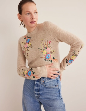 Fluffy Floral Detail Sweater-Chinchilla Melange Floral