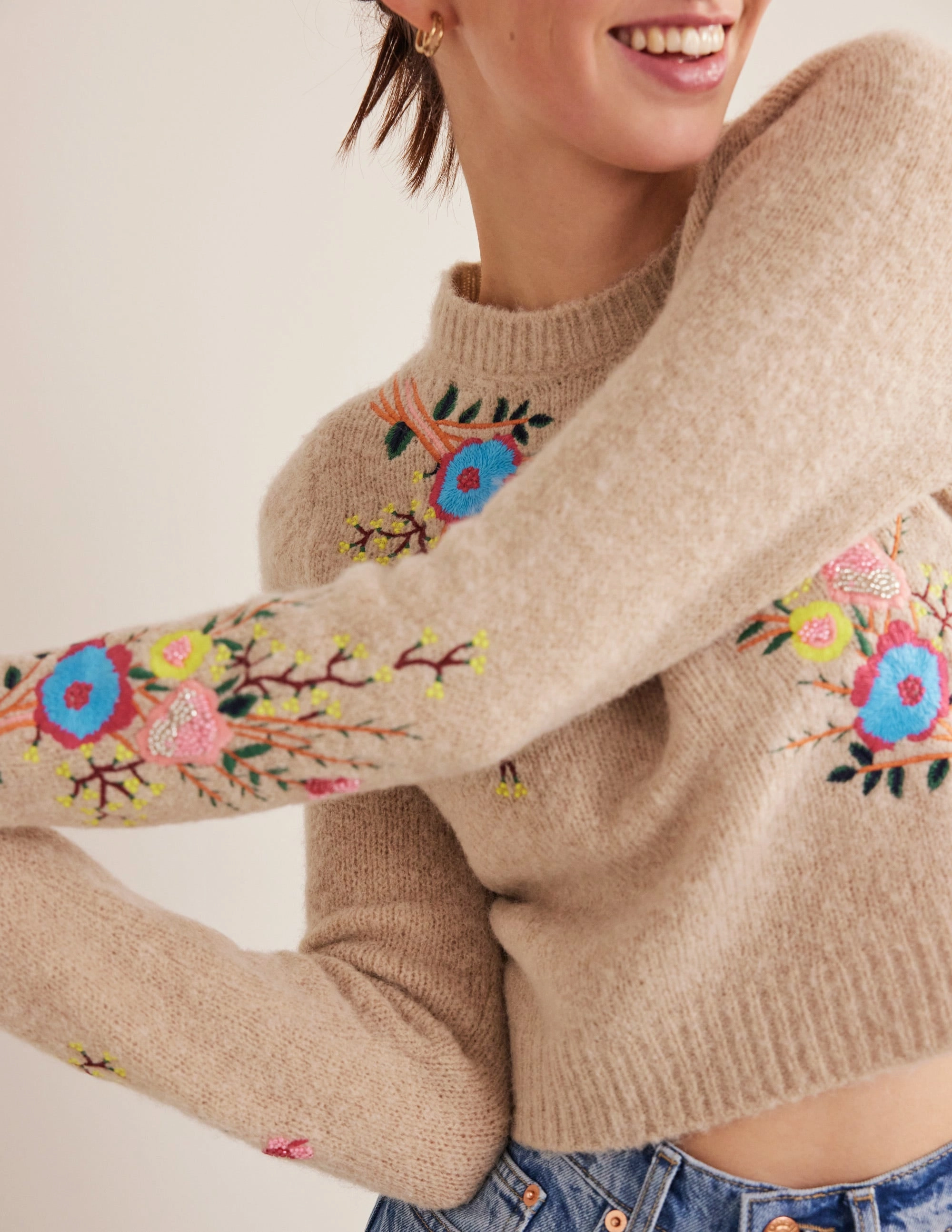 Fluffy Floral Detail Sweater-Chinchilla Melange Floral