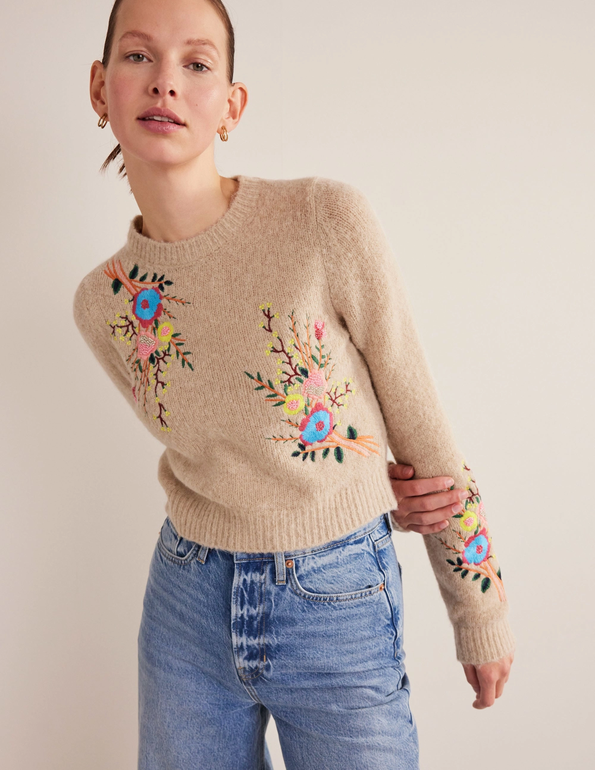 Fluffy Floral Detail Sweater-Chinchilla Melange Floral