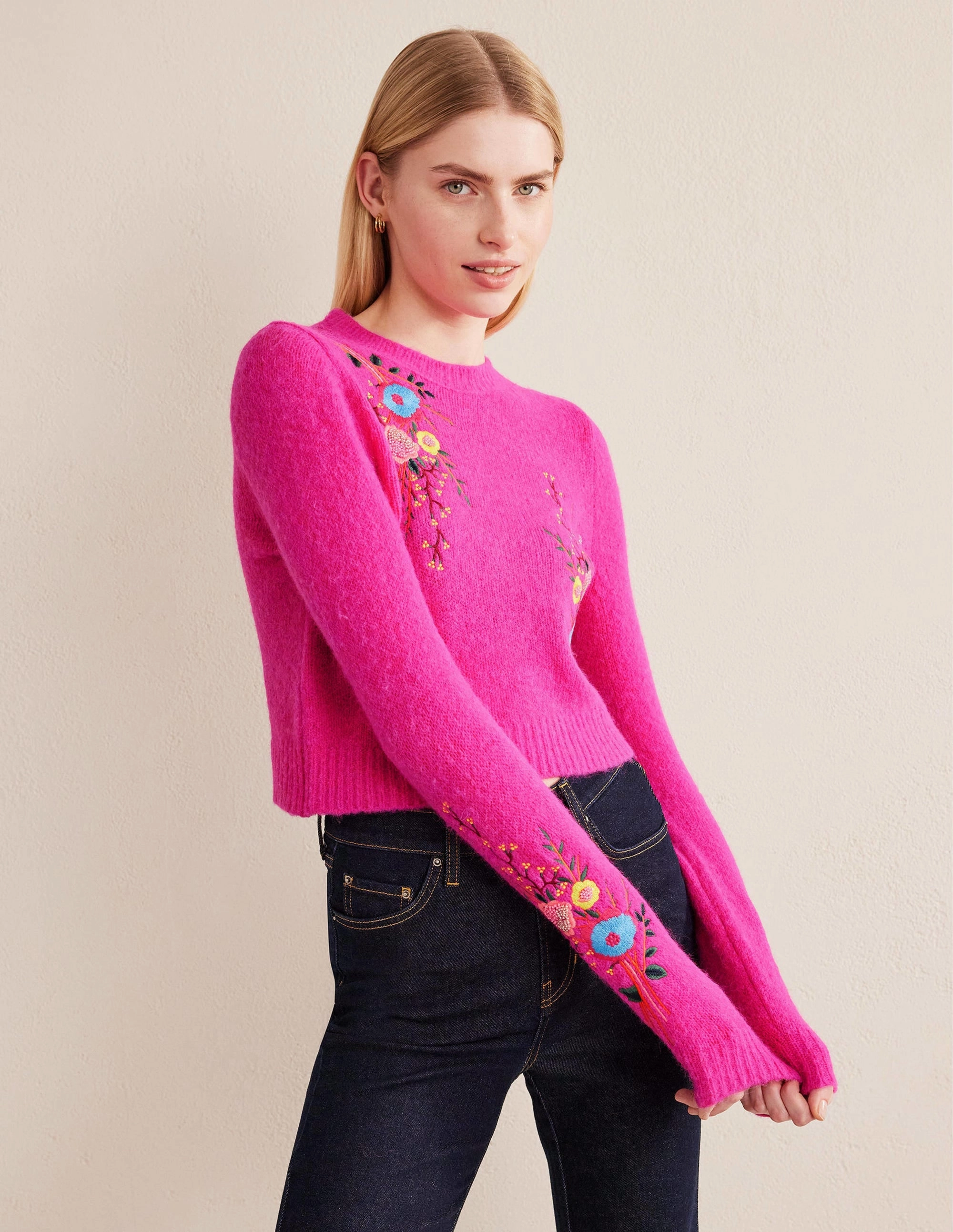Fluffy Floral Detail Sweater-Shocking Pink Floral