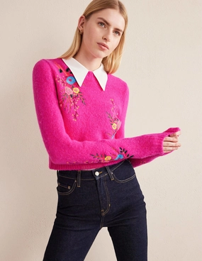 Fluffy Floral Detail Sweater-Shocking Pink Floral