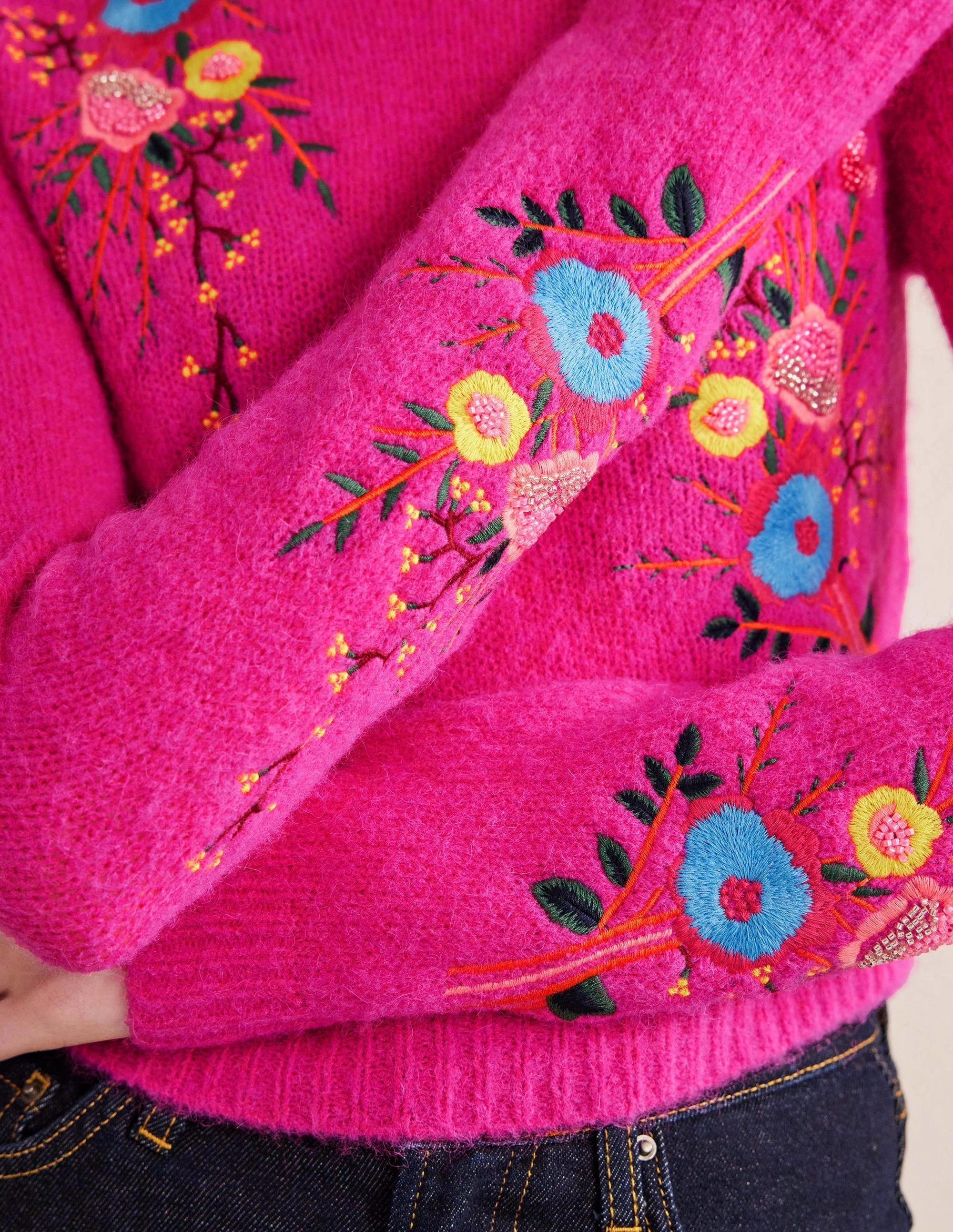 Fluffy Floral Detail Sweater-Shocking Pink Floral