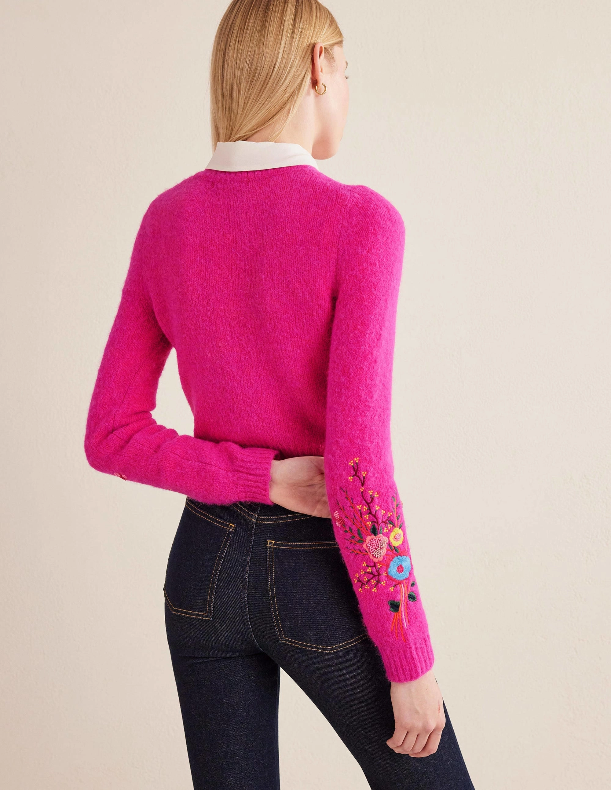Fluffy Floral Detail Sweater-Shocking Pink Floral