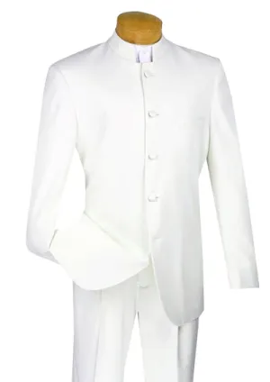 Gentry Glam Collection: White 2 Piece Banded Collar Single Breasted Regular Fit Suit
