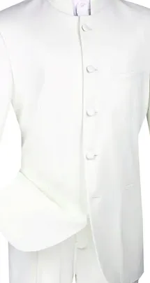 Gentry Glam Collection: White 2 Piece Banded Collar Single Breasted Regular Fit Suit