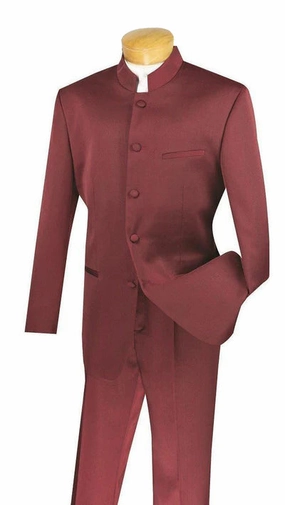 Gentry Glam Collection: Burgundy 2 Piece Banded Collar Single Breasted Regular Fit Suits