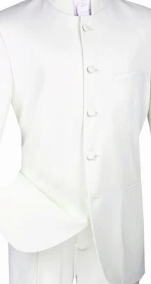 Gentry Glam Collection: White 2 Piece Banded Collar Single Breasted Regular Fit Suit