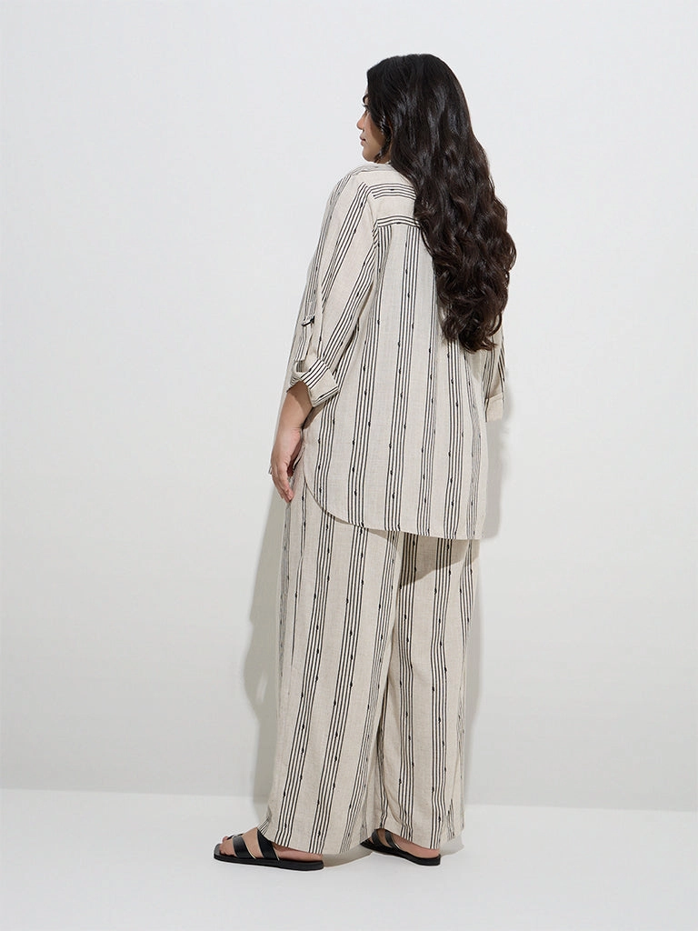 Gia Beige Stripe Printed High-Rise Cotton-Blend Trousers