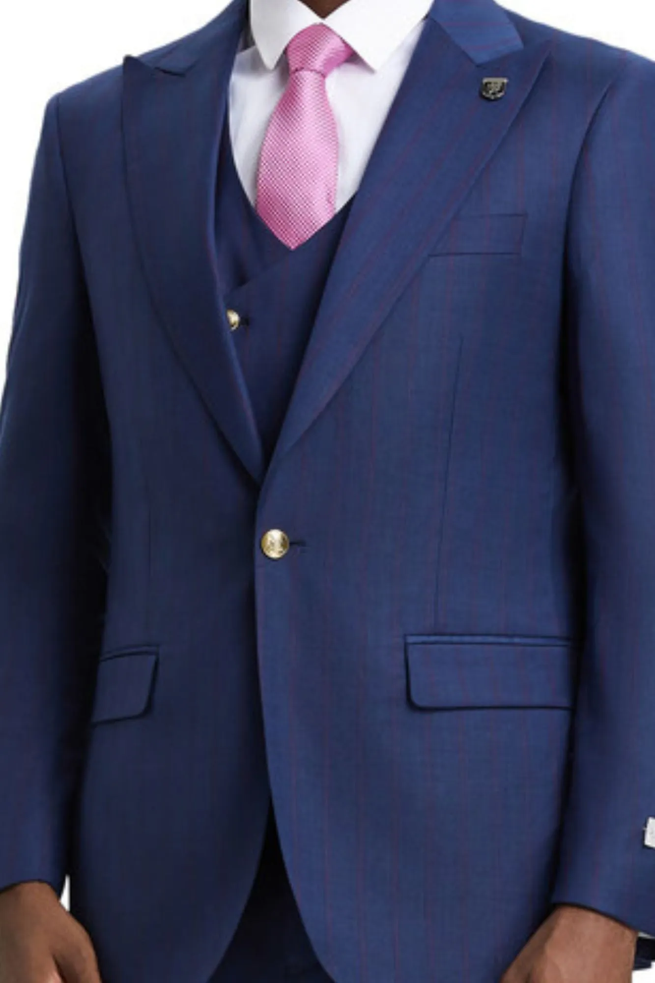 Glitzern Collection: Men's Navy Plaid Hybrid Fit 3 Piece Suit