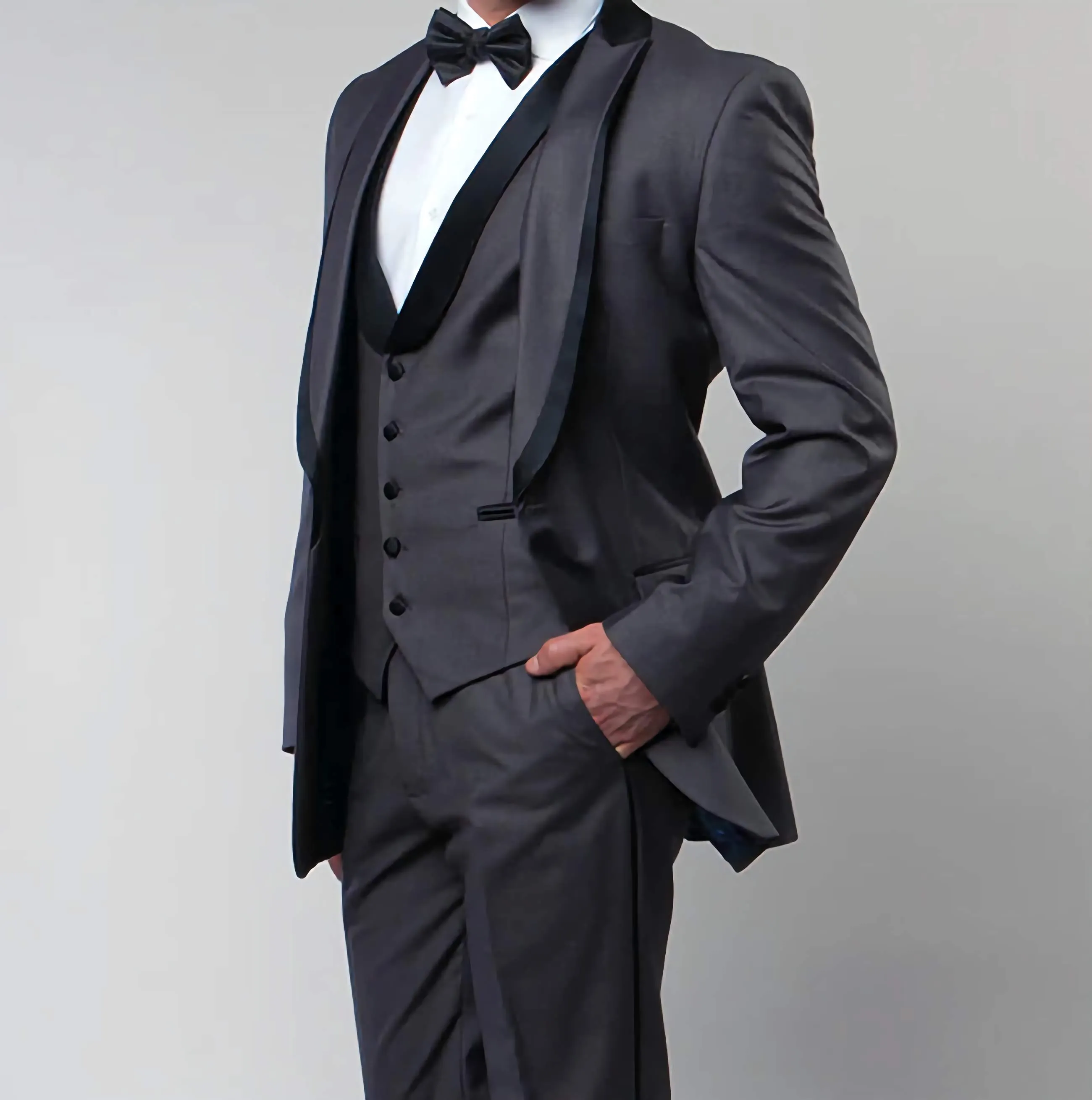 Gray Slim Fit Tuxedo 3 Piece with Satin Shawl Collar Vest