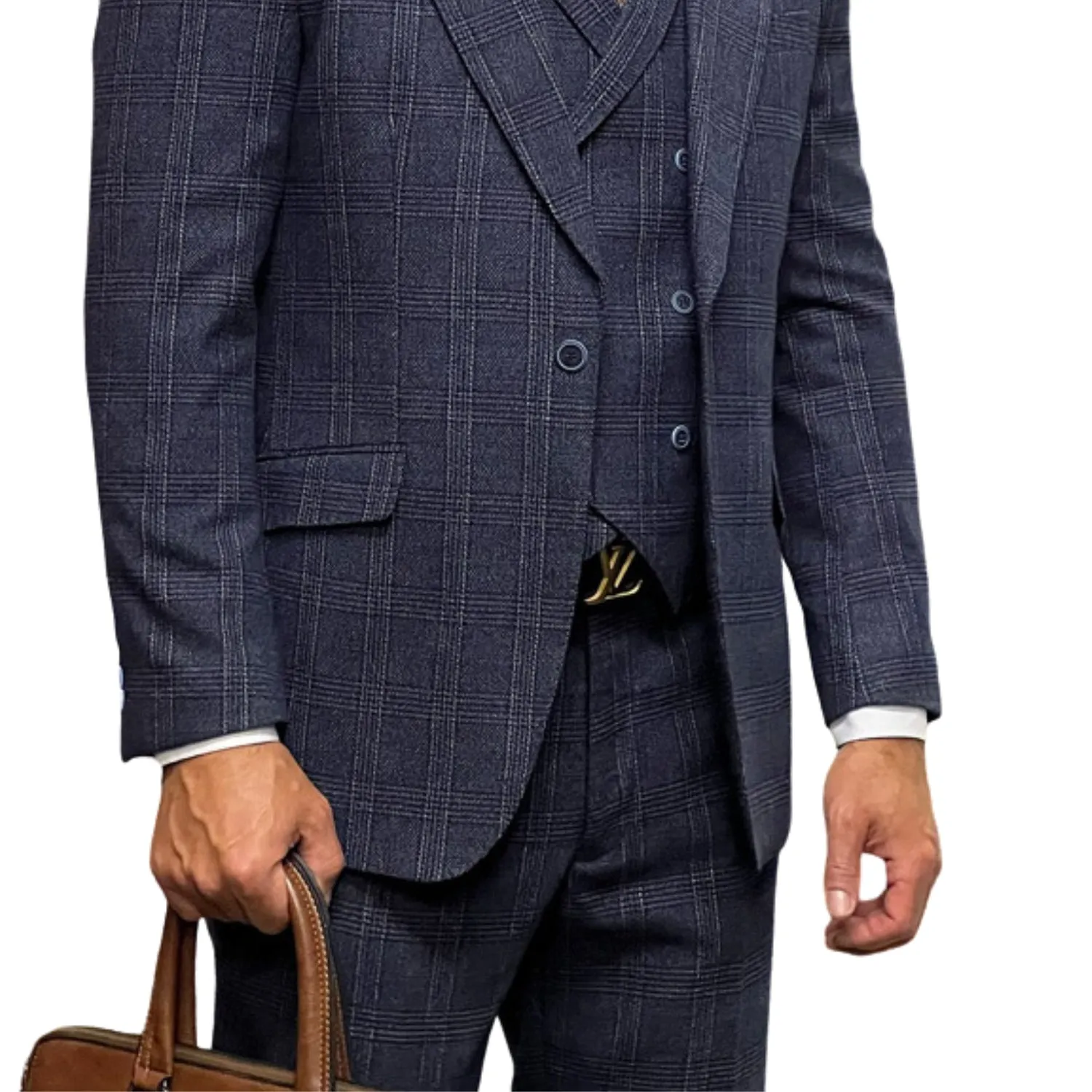 Hugo Highness Collection: Navy Tweed Self Plaid 3-Piece Suit with Double-Breasted Vest - Modern Fit
