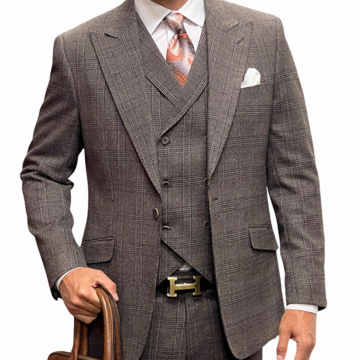 Hugo Highness Collection: Brown Tweed Self Plaid 3-Piece Suit with Double-Breasted Vest - Modern Fit