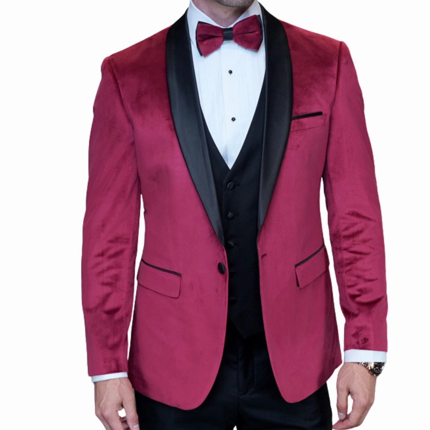 Janus Collection: 2 PC Burgundy Velvet Suit with Bow Tie