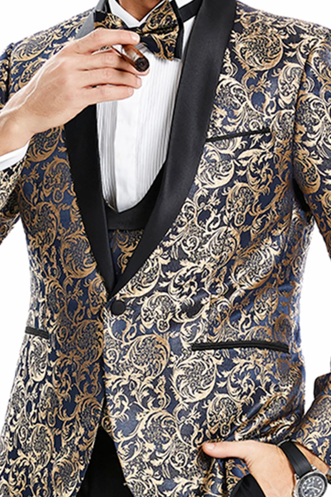 Keats Collection: Men's 3-Piece Blue/Black Gold Paisley Suit - Slim Fit