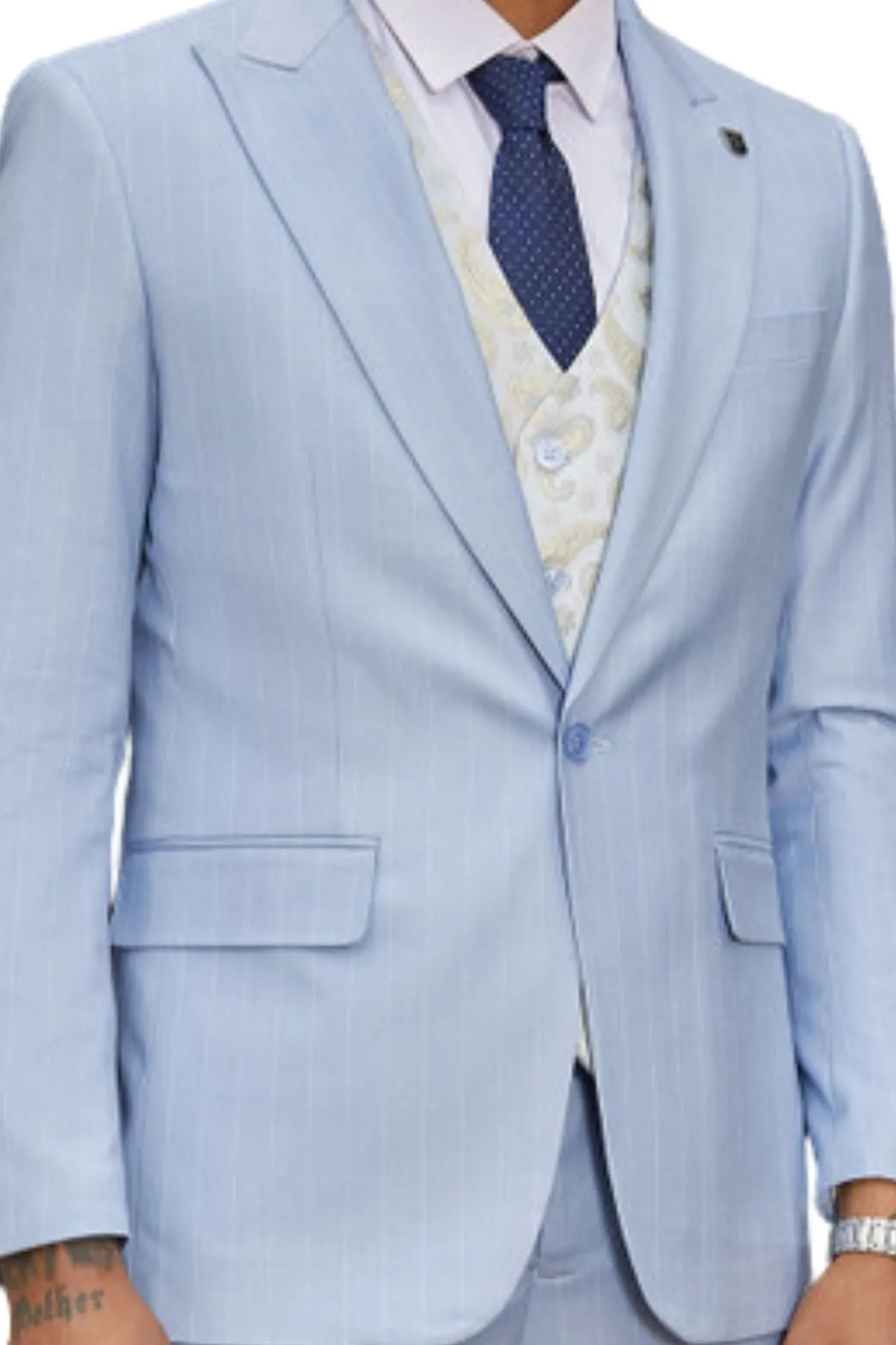 Lavellaby Collection: 3 Piece Men's Pinstripe Hybrid Fit Suit In Baby Blue