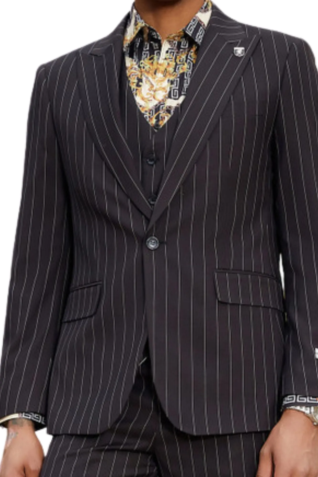 Lavellaby Collection: 3 Piece Men's Pinstripe Hybrid Fit Suit In Black
