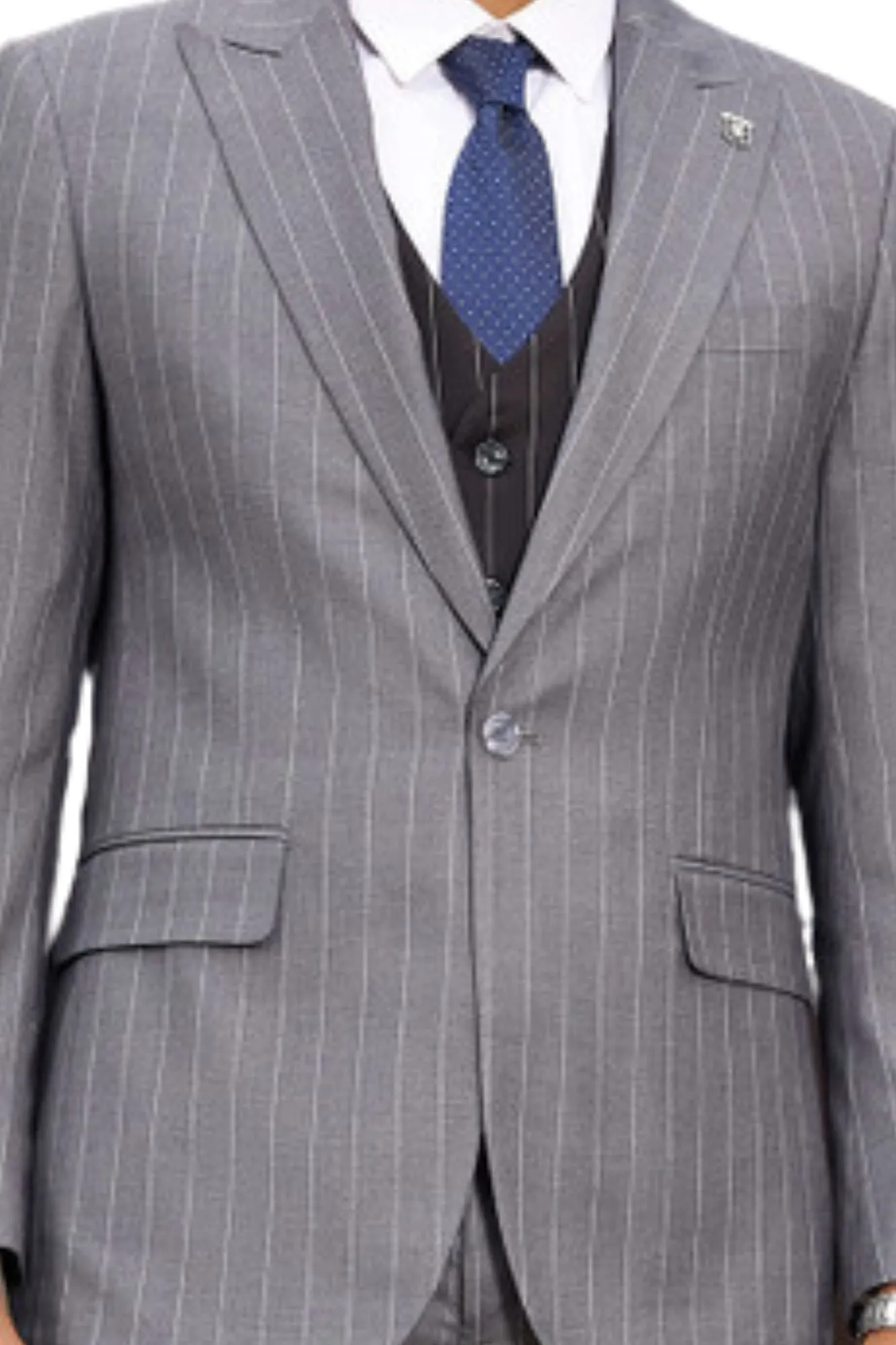 Lavellaby Collection: 3 Piece Men's Pinstripe Hybrid Fit Suit In Steel Grey