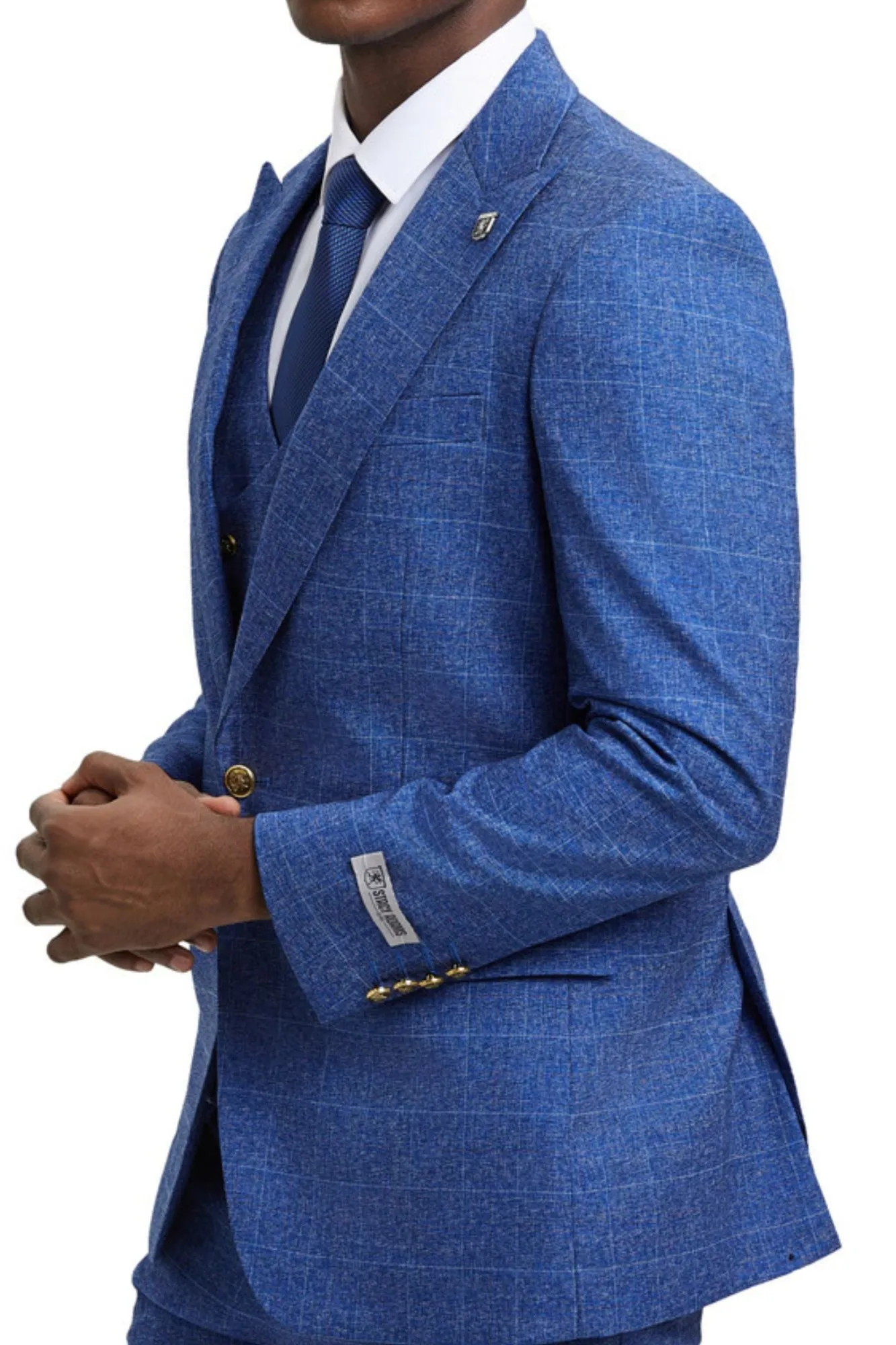 LavishLoom Collection: Men's Windowpane 3-Piece Hybrid Fit Suit In Blue