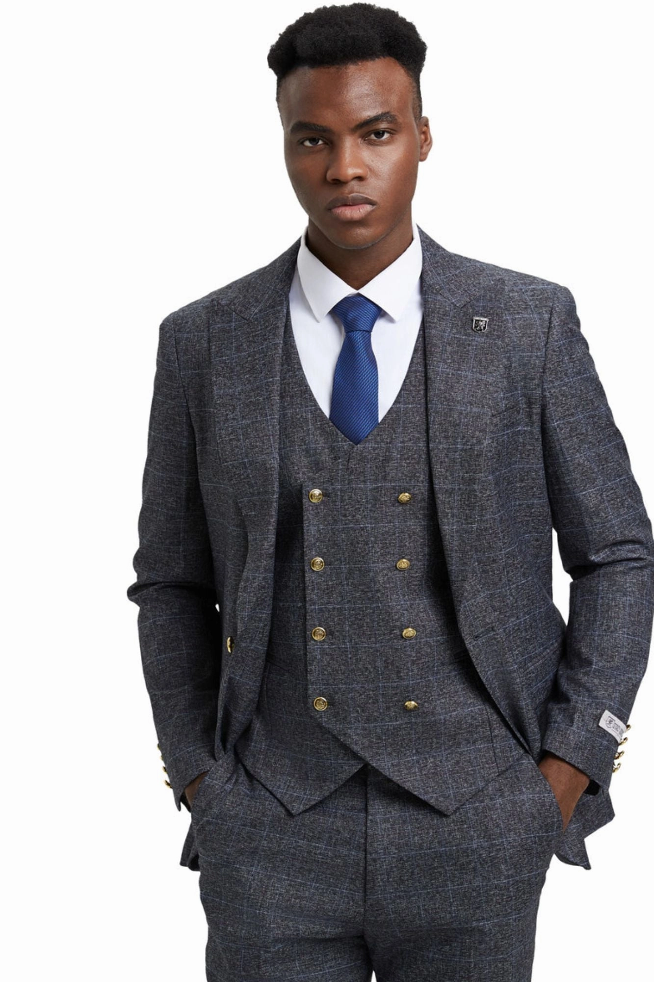 LavishLoom Collection: Men's Windowpane 3-Piece Hybrid Fit Suit In Dark Grey
