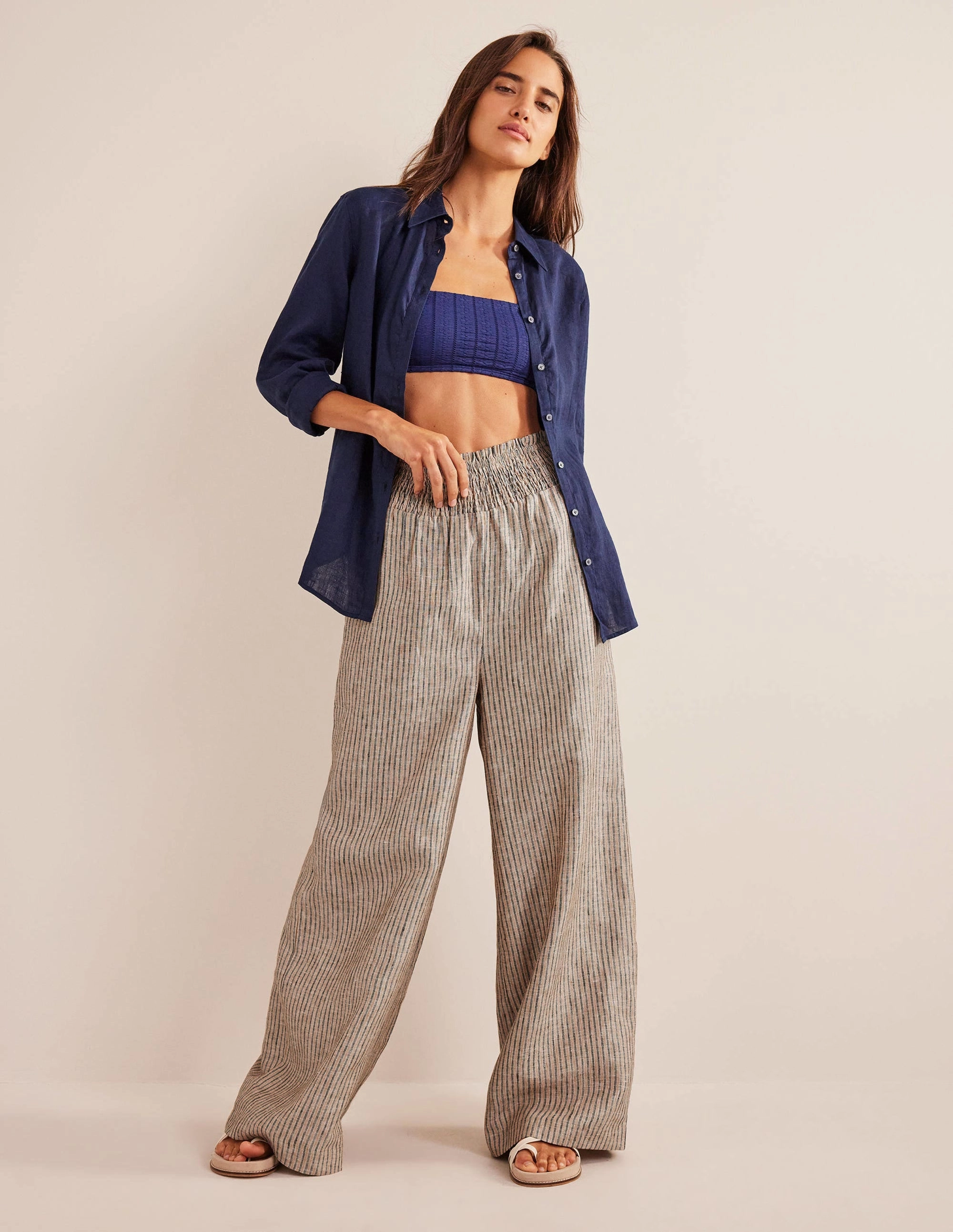 Linen Shirred Waist Pants-Camel and Black Lurex Stripe
